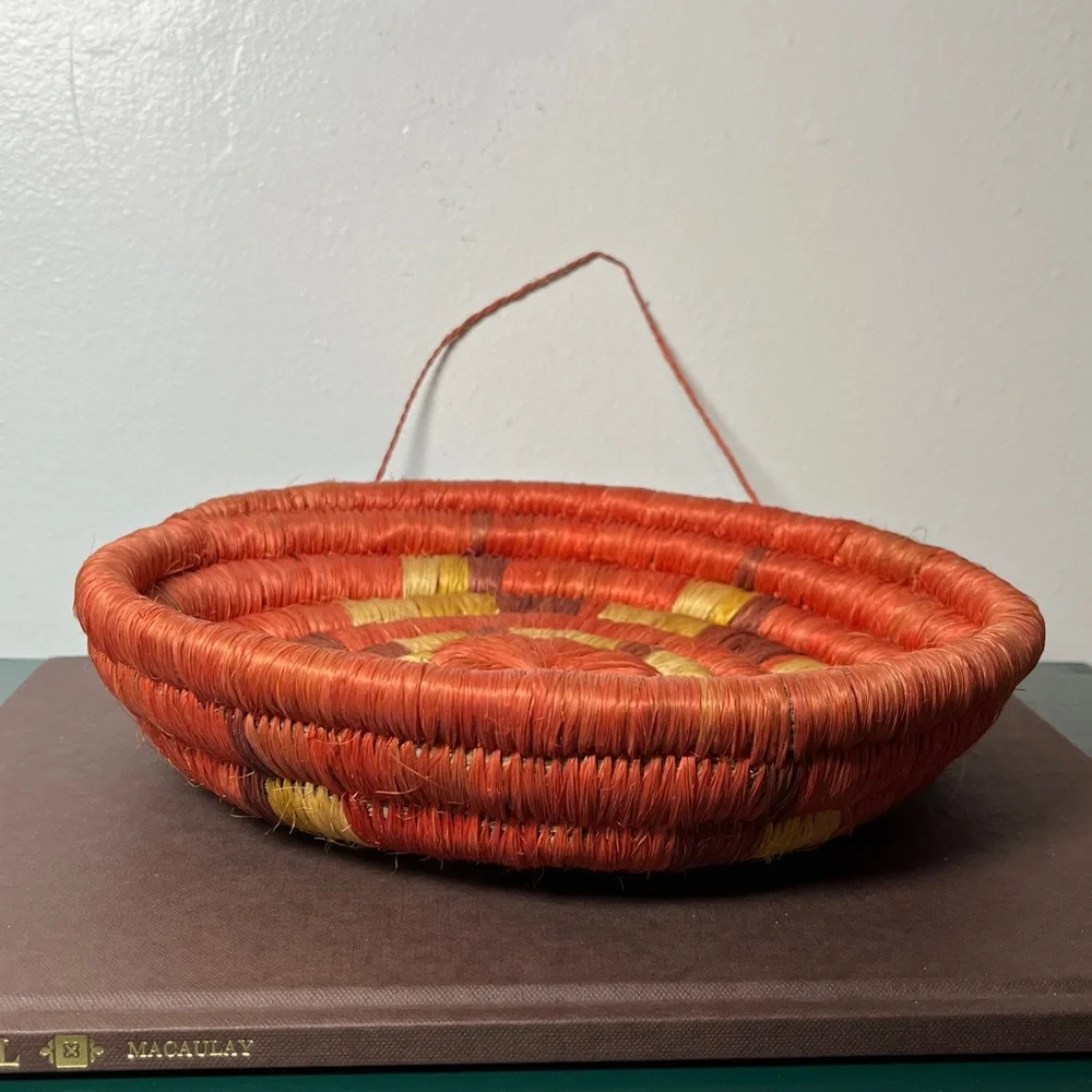 Handwoven‎ Coiled Natural Fiber Colorful Orange Hanging Basket Vintage